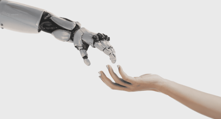 Robotic hand reaching toward human hand symbolizing technology and human collaboration.
